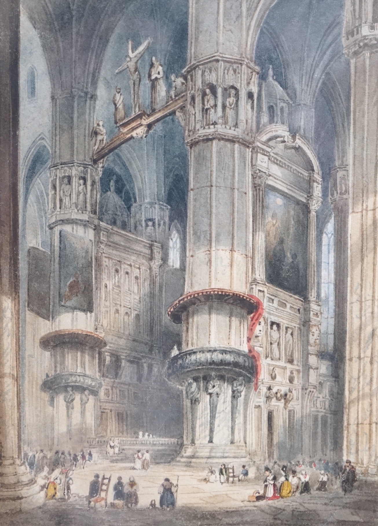 Andrew Mercer (1775-1842), miniature watercolour on card, Interior of Milan Cathedral, inscribed verso, ‘inscribed and signed on the reverse’, 13.5 x 9cm